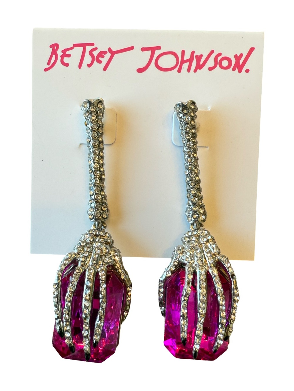 Betsey Johnson Pink Crystal Drop Earrings Rhinestone Statement Jewelry NWT $65